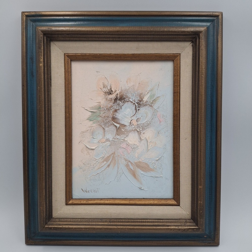 Vintage Impasto Floral Oil Painting Signed V Wright Framed 8x9 Mid Century Art